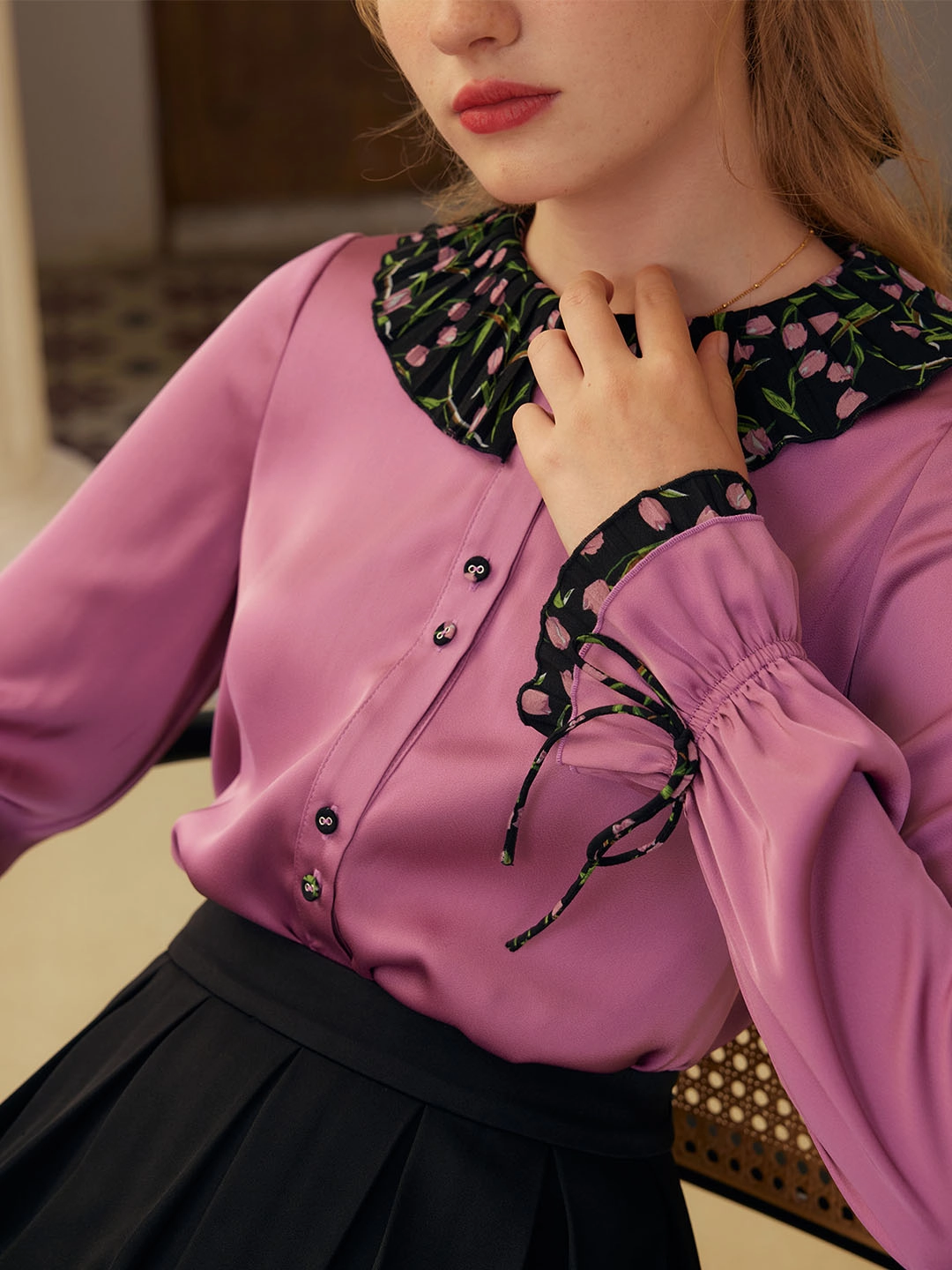 Hazel Contrast Lapel Trumpet Sleeves Blouse Casual Comfort NonChafingEdges