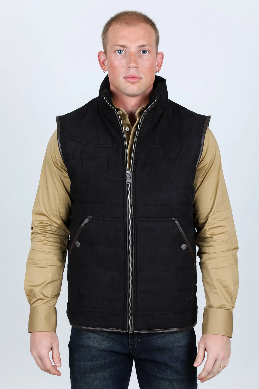 Men's Fur Lined Quilted Faux Suede Vest - Black Hypoallergenic Interior Layer Seamless Design