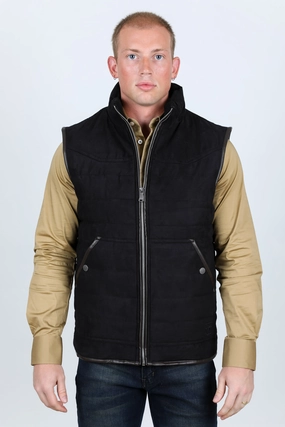 Men's Fur Lined Quilted Faux Suede Vest - Black Hypoallergenic Interior Layer Seamless Design