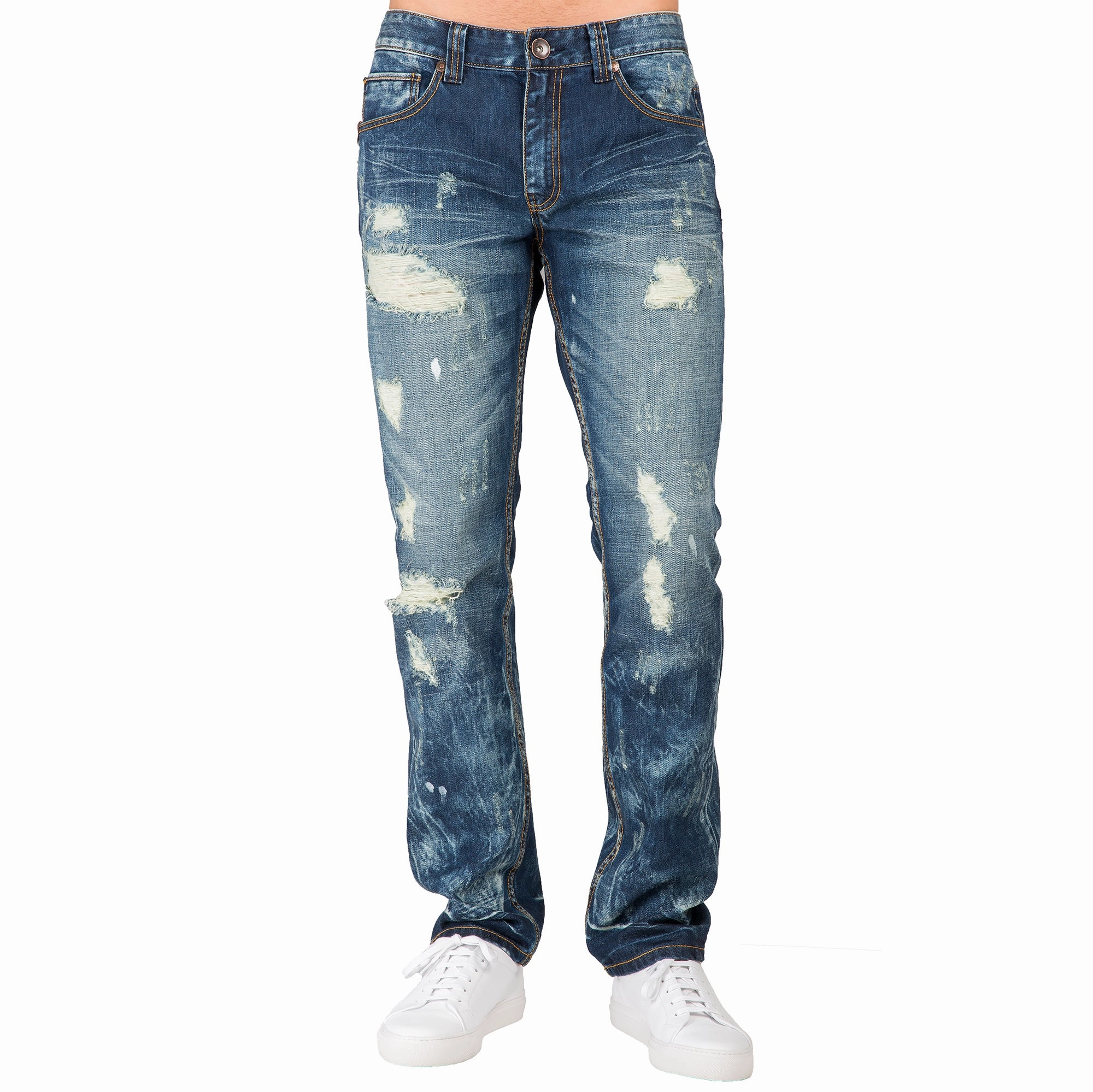 Slim Straight Destroyed Medium Blue Premium Denim Signature 5 Pocket Jeans Bleach Splatter Soft Leggings Joy Ease