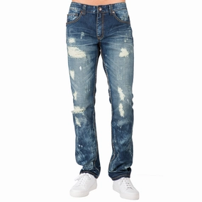 Slim Straight Destroyed Medium Blue Premium Denim Signature 5 Pocket Jeans Bleach Splatter Soft Leggings Joy Ease