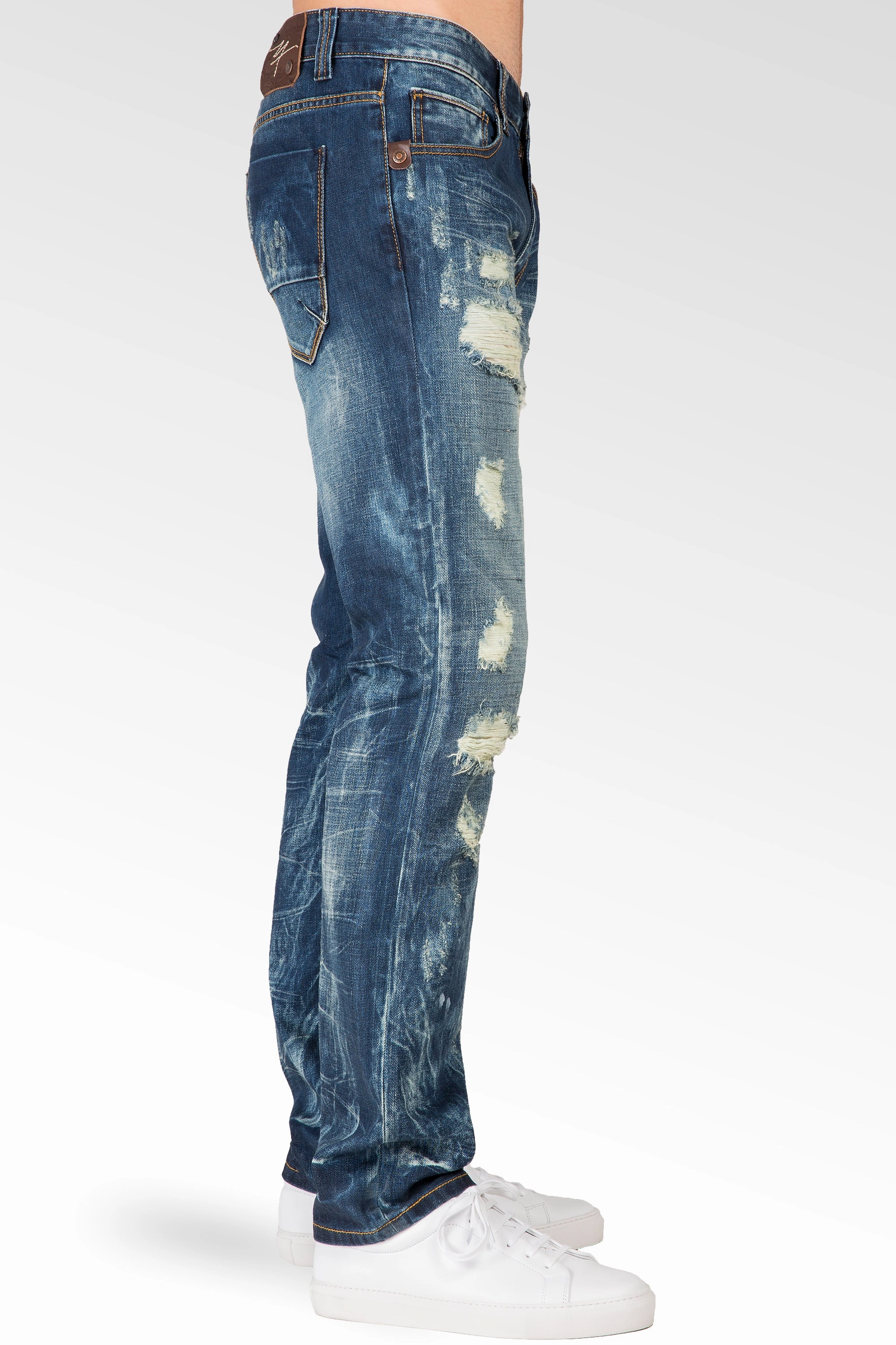 Quick Wear Slim Straight Destroyed Medium Blue Premium Denim Signature 5 Pocket Jeans Bleach Splatter