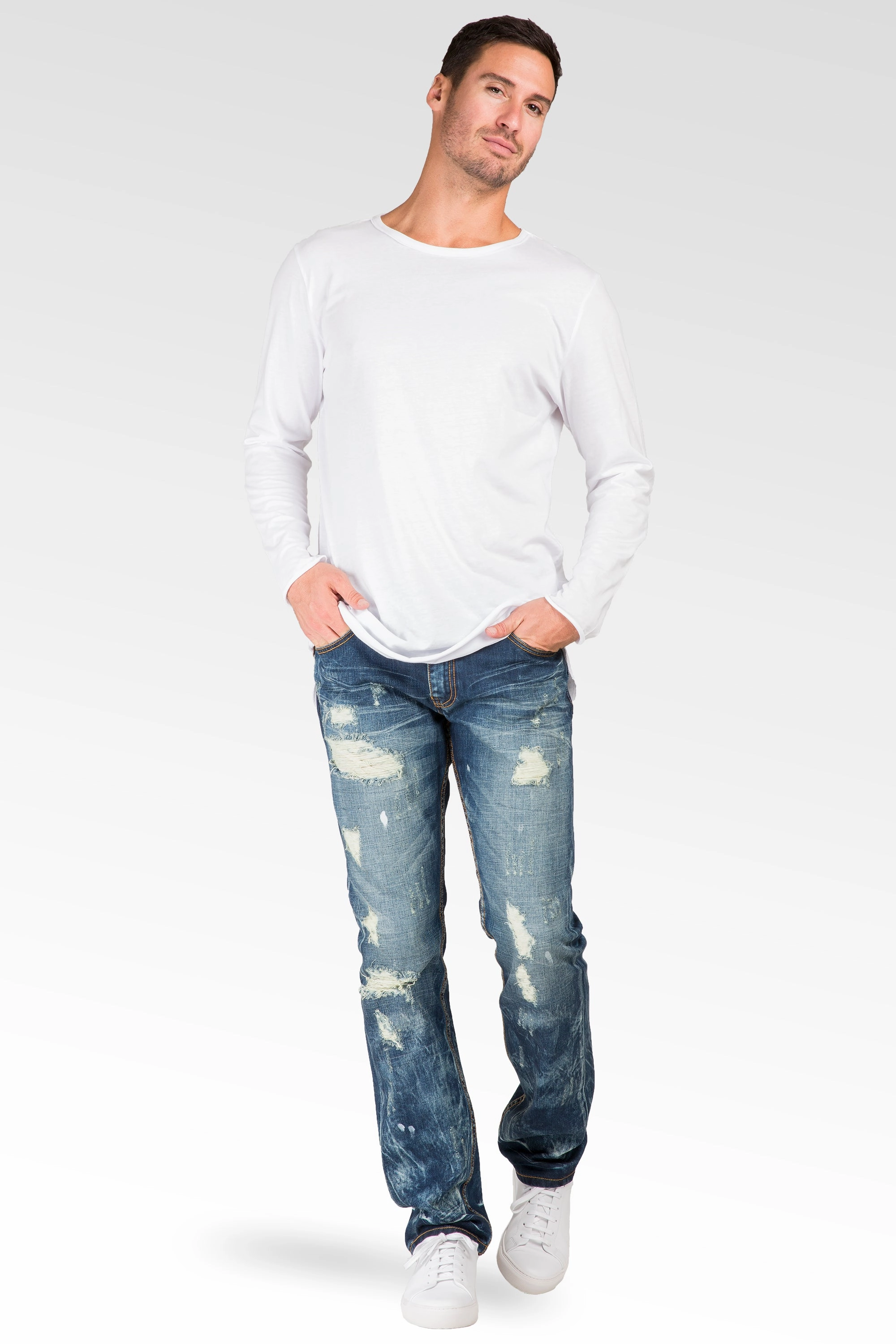 AdjustableCuffs Slim Straight Destroyed Medium Blue Premium Denim Signature 5 Pocket Jeans Bleach Splatter