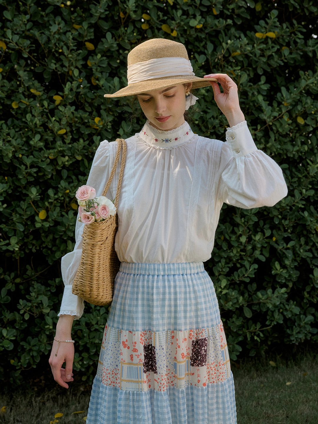 ??Final Sale??Aylin Mock Neck Embroidered White Shirt Adjustable Drawcord Multi-Purpose Wear