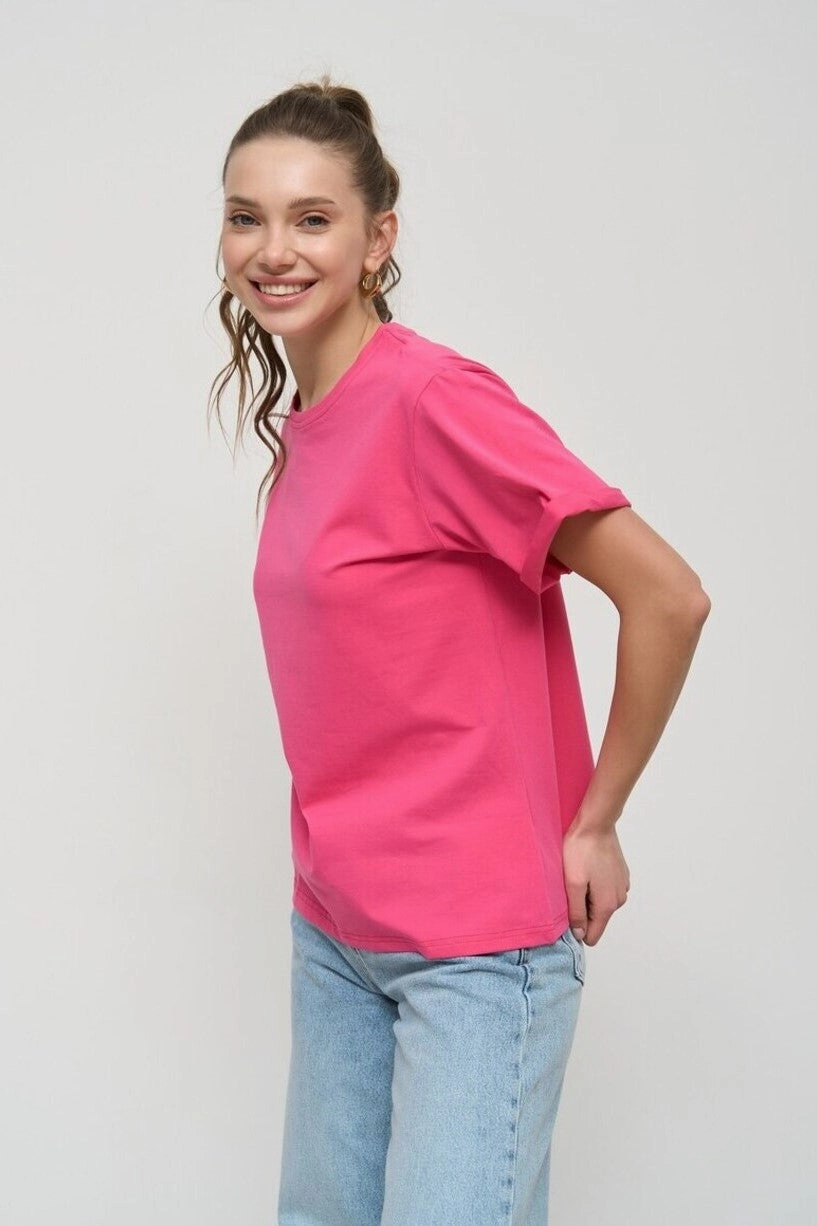 Travel Proof Magenta Pink Oversized Roll Up Sleeve T-Shirt
