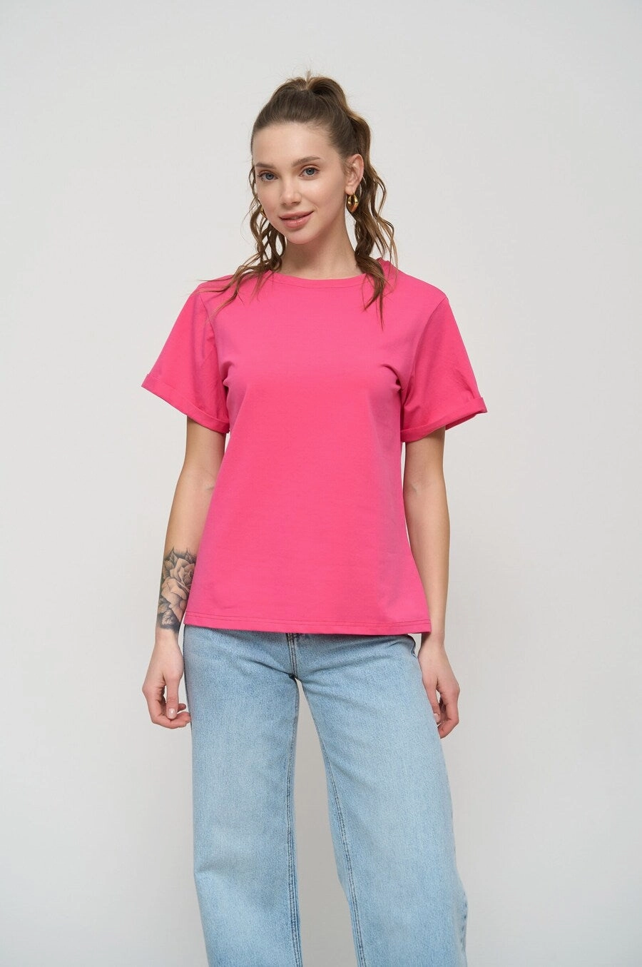 Magenta Pink Oversized Roll Up Sleeve T-Shirt Gloss Glow