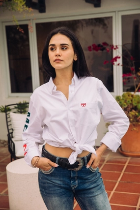 Fitted Design Men??s Single Pocket Logo Modern Fit Stretch Mexico Dress Shirt - White