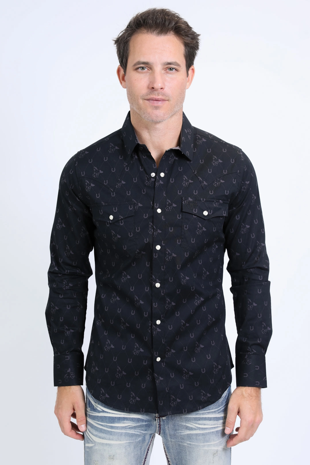 Graduation Attire Ergonomic Sleeve Cut Mens Western Modern Fit Cotton/Spandex Long Sleeve Black Shirt with Snaps