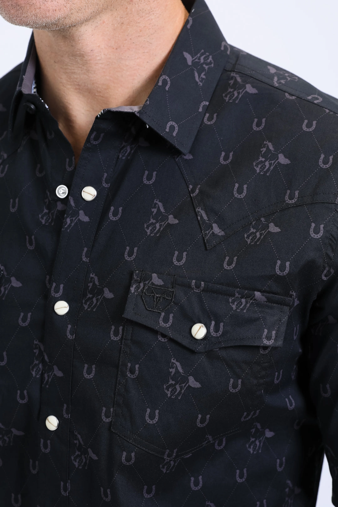 Vintage Style Mens Western Modern Fit Cotton/Spandex Long Sleeve Black Shirt with Snaps