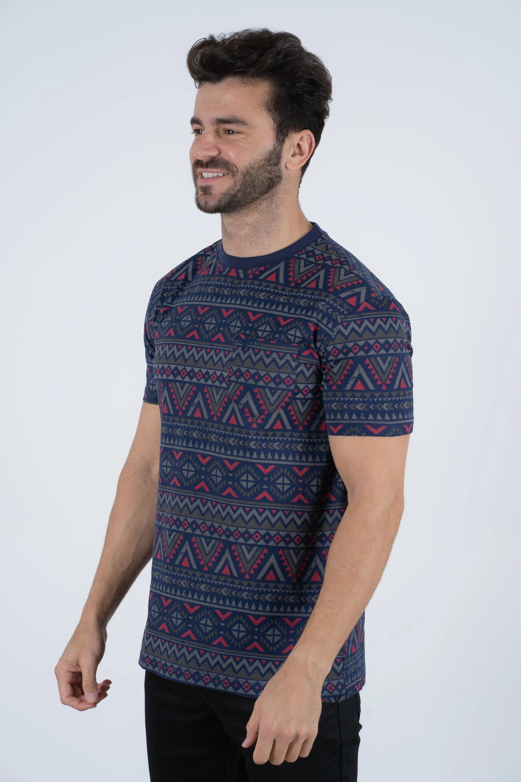 Men's Cotton Navy Aztec Print T-shirt Essential Wardrobe Casual Comfort Fit