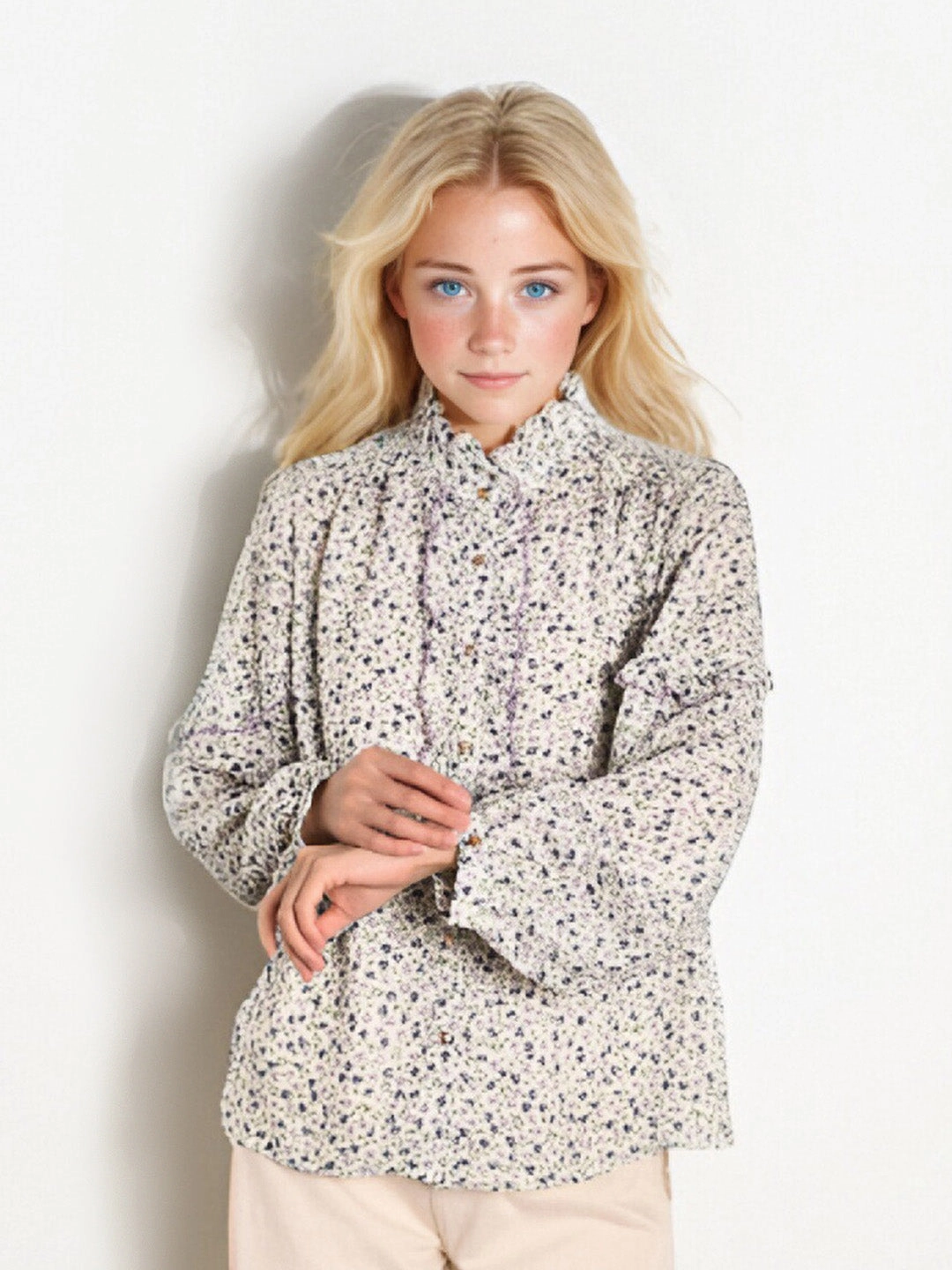 ??Final Sale??Celia Stand-Up Collar Printing Collision Long-Sleeved Shirt Gentle Power Frost Glow