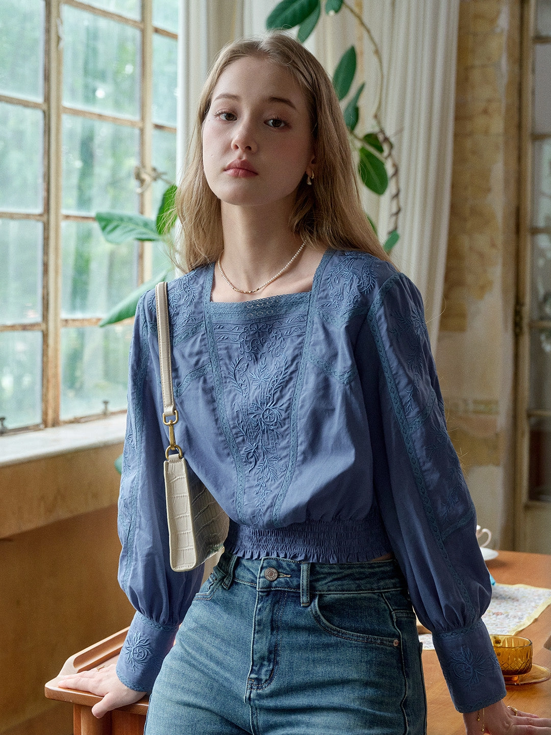 Oakley Square Neck Embroidery 100% Cotton Blouse ElasticFree Fairy Core