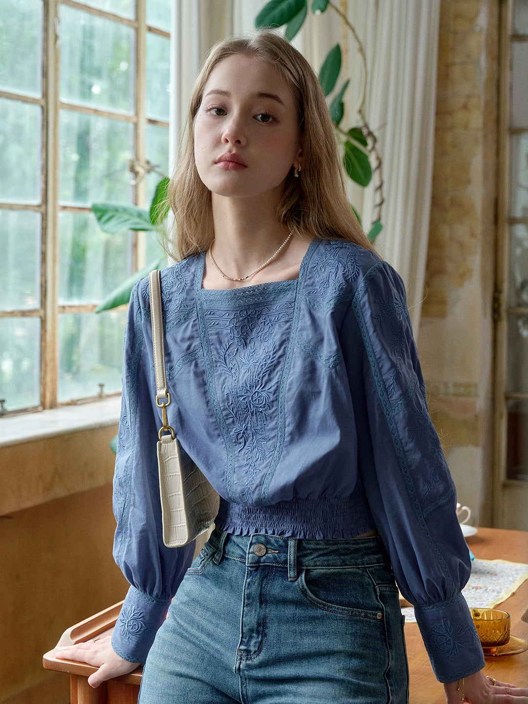 Sky Mood Oakley Square Neck Embroidery 100% Cotton Blouse