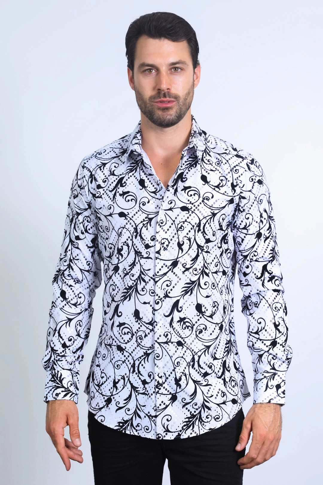Men's Floral Flocked Modern Fit Spandex White Shirt Quality Look Simple Fit