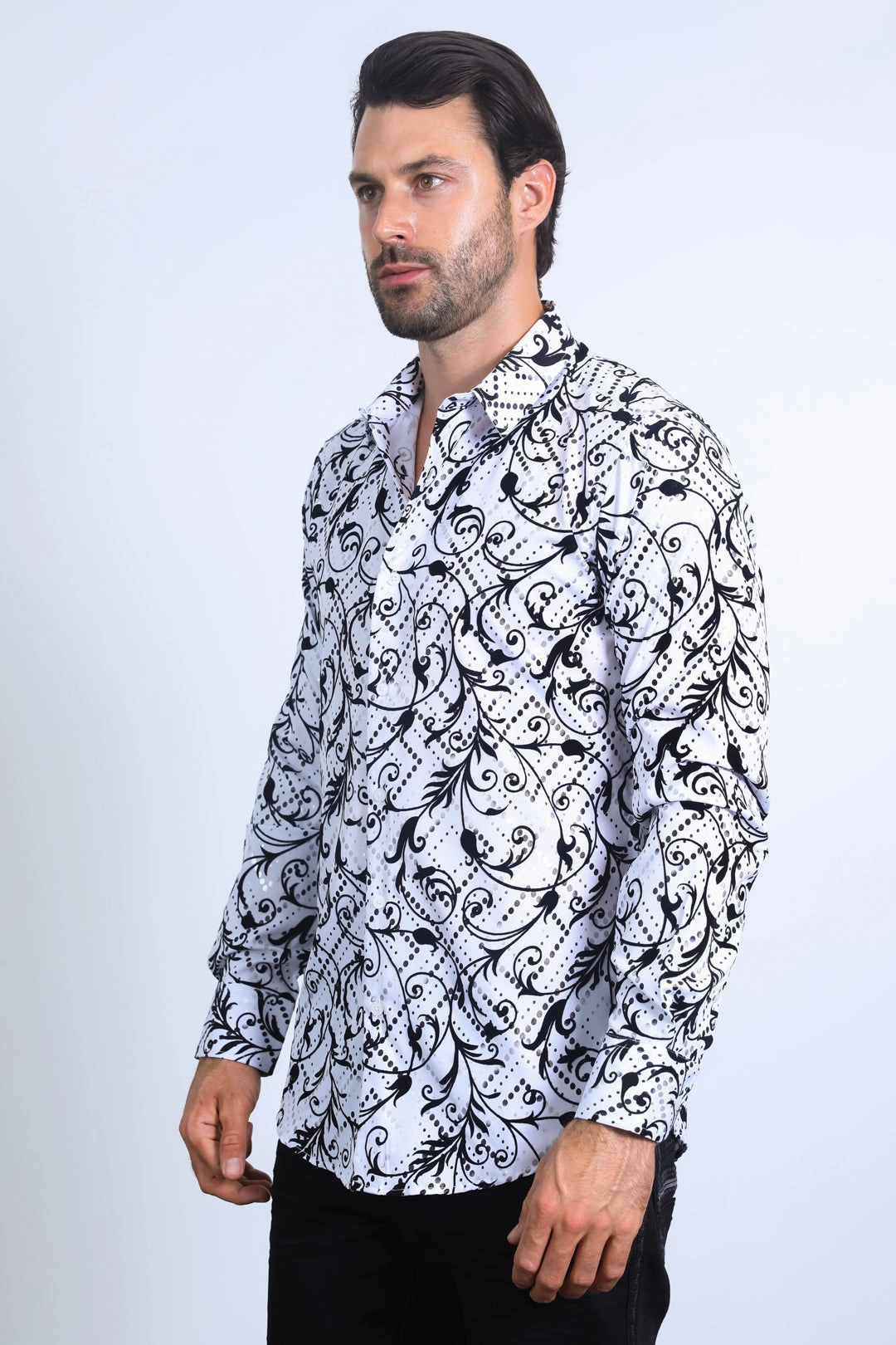 Chic Ensemble holiday season Men's Floral Flocked Modern Fit Spandex White Shirt