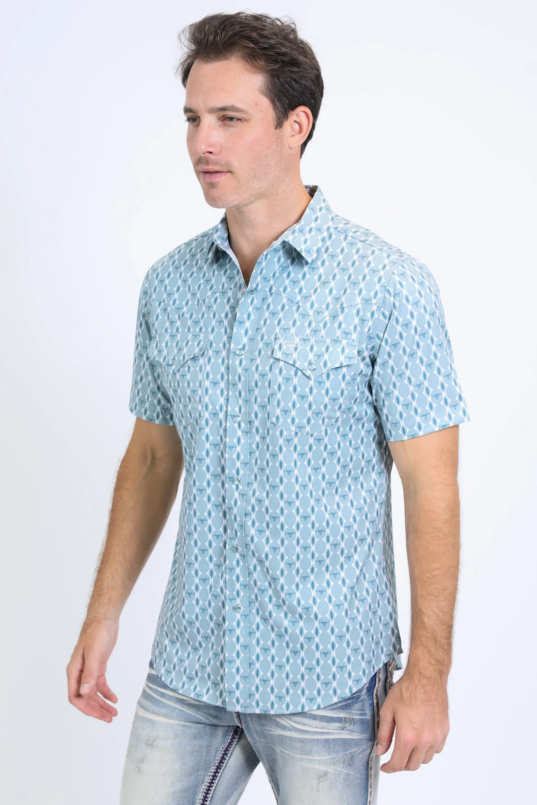 Mens Performance Western Short Sleeve Aztec Print White Shirt Comfy Wear