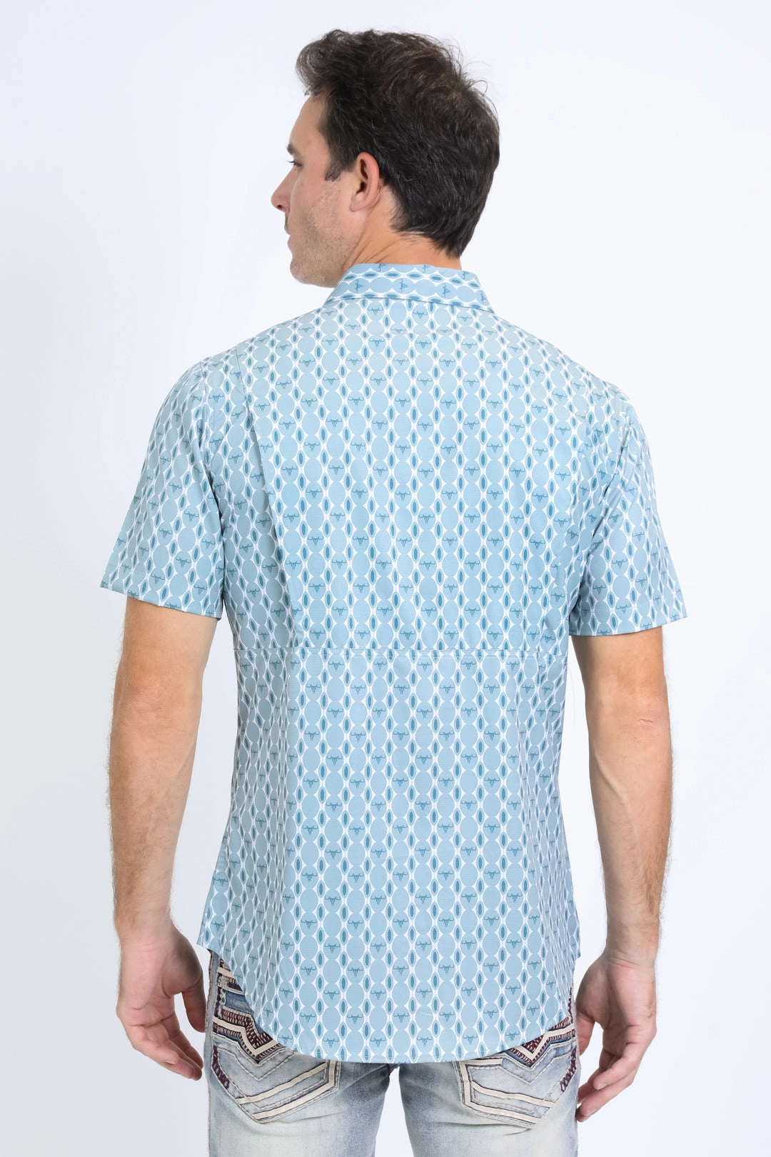 Youth fashion Mens Performance Western Short Sleeve Aztec Print White Shirt