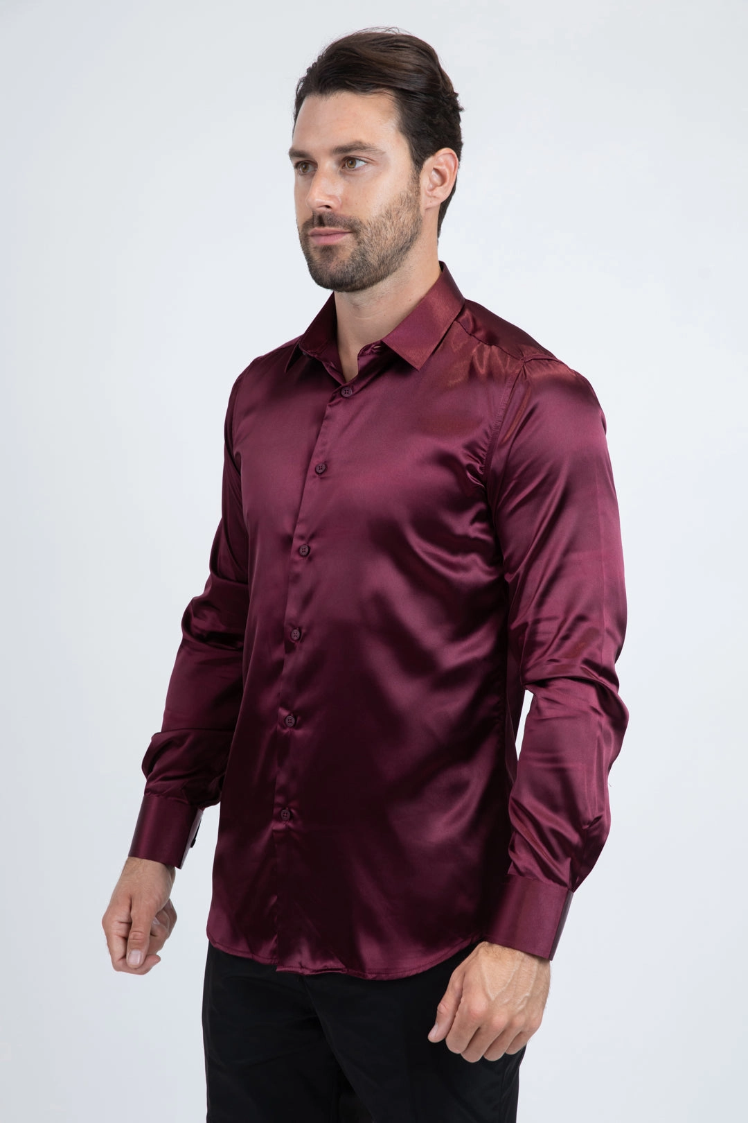 Men's Satin Wine Dress Shirt Networking Session Athletic Cut