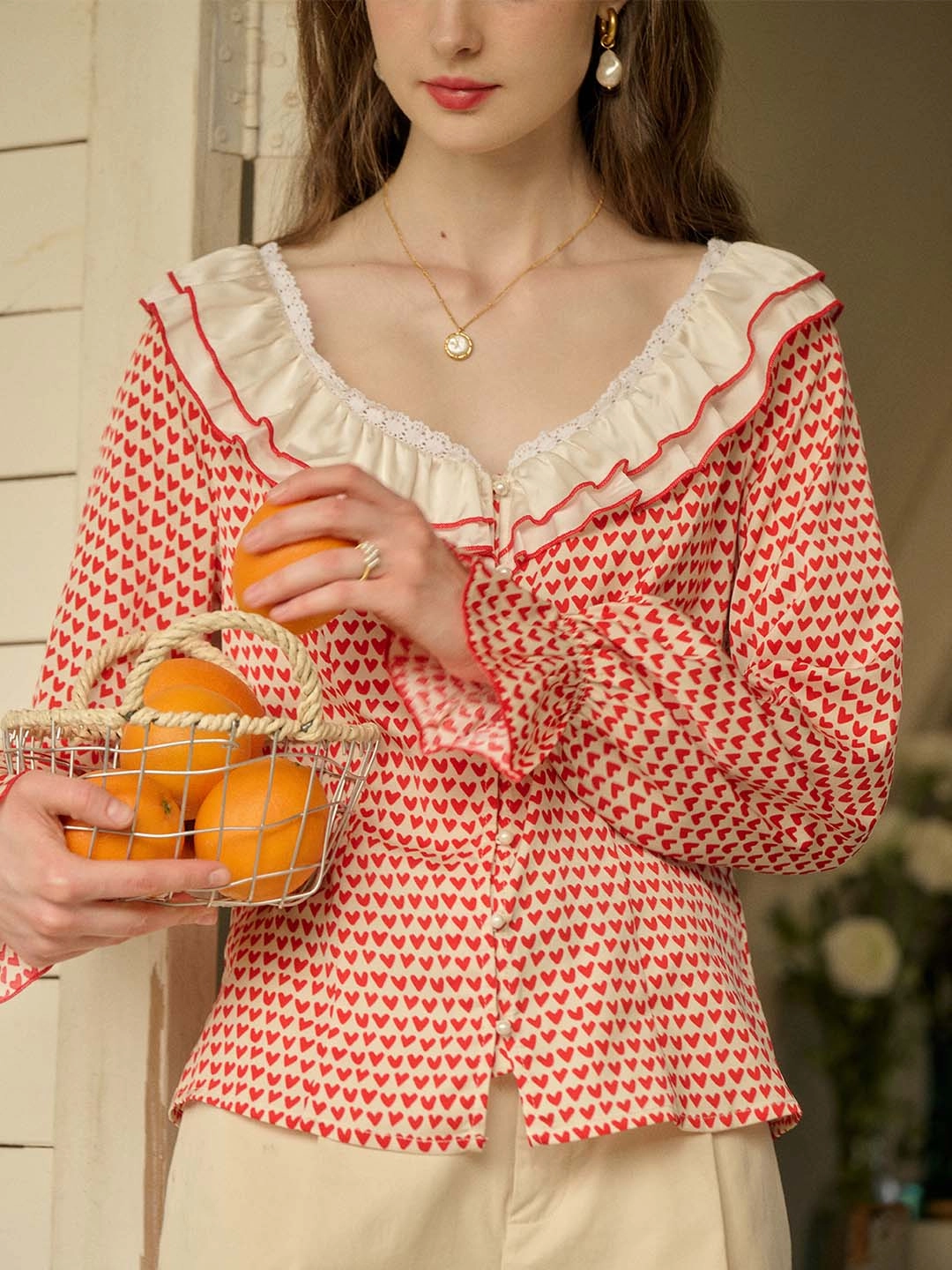 Sport Ease CompressionFreeCuffs ??Final Sale??Raelyn Patchwork Ruffle V Neck Heart Printed Blouse