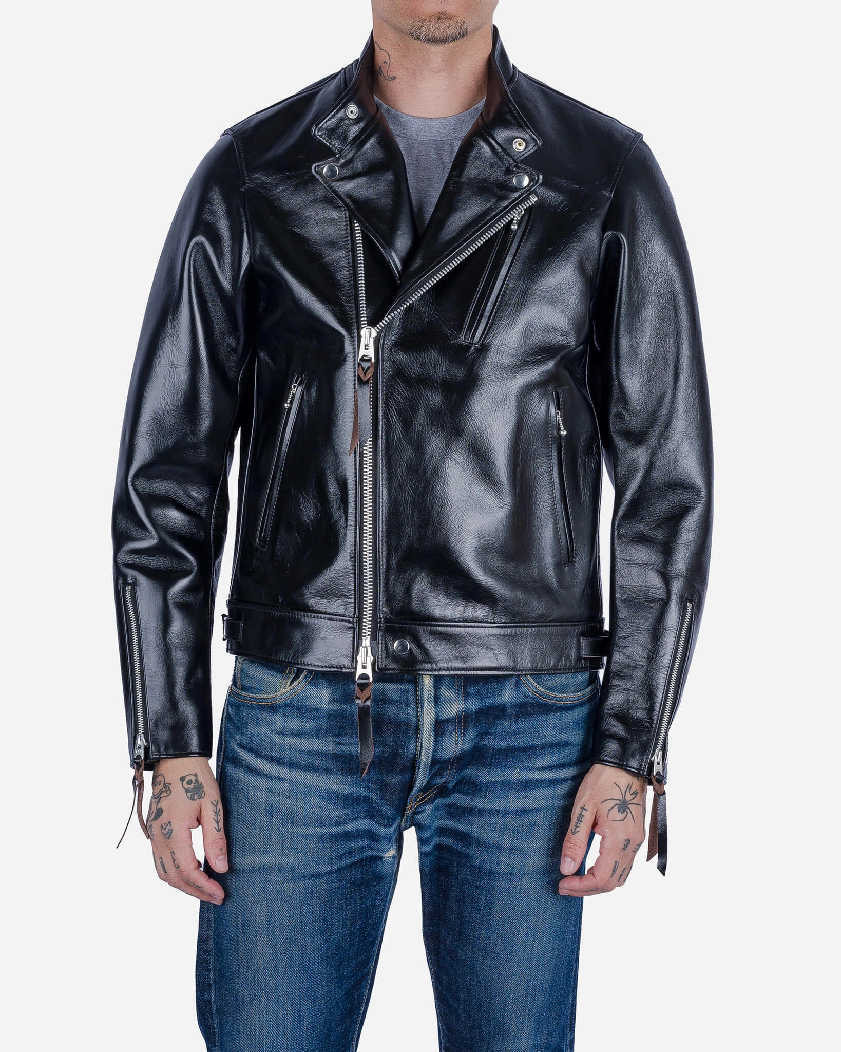 Japanese Horsehide Double Motorcycle Jacket - Black Clear Mind DoubleLayered Collar