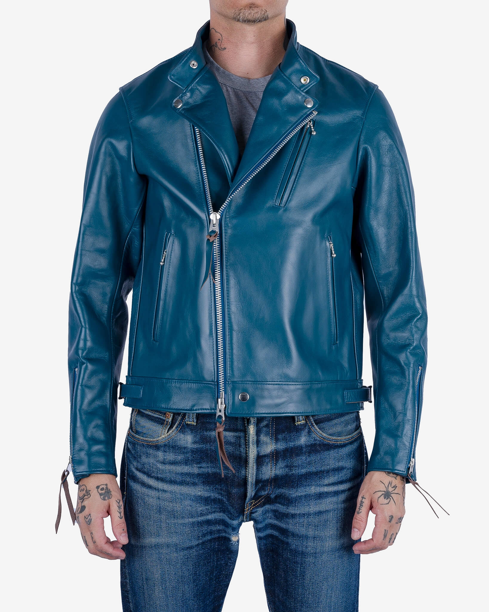 FlexibleCollar Japanese Horsehide Double Motorcycle Jacket - Blue
