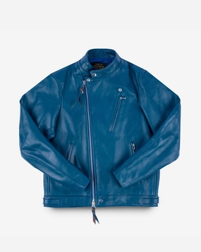Soft Jersey Japanese Horsehide Double Motorcycle Jacket - Blue