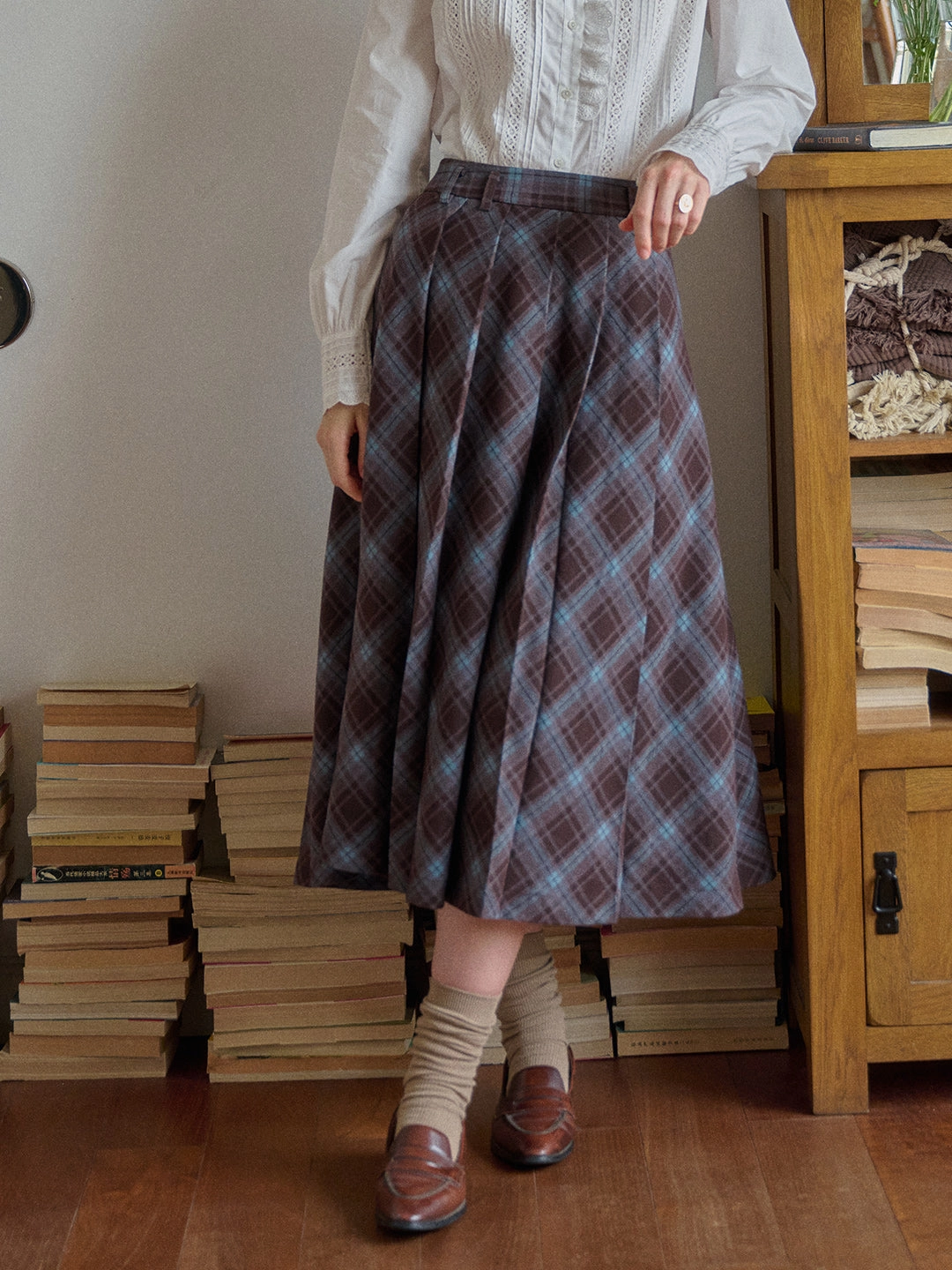 Jaylani Plaid Midi Skirt Low Profile Waistband