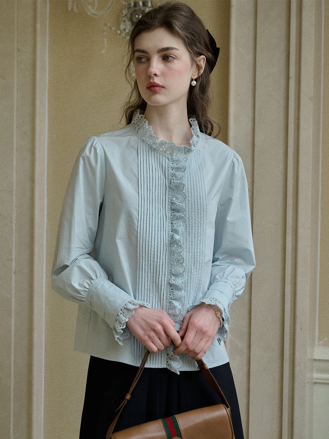 Jordyn Hollow Lace Patchwork Crew Neck Blouse Casual Shoes