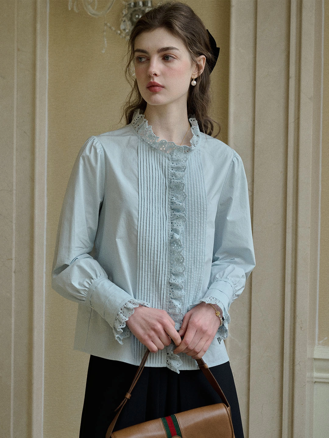 Jordyn Hollow Lace Patchwork Crew Neck Blouse Sporty Style