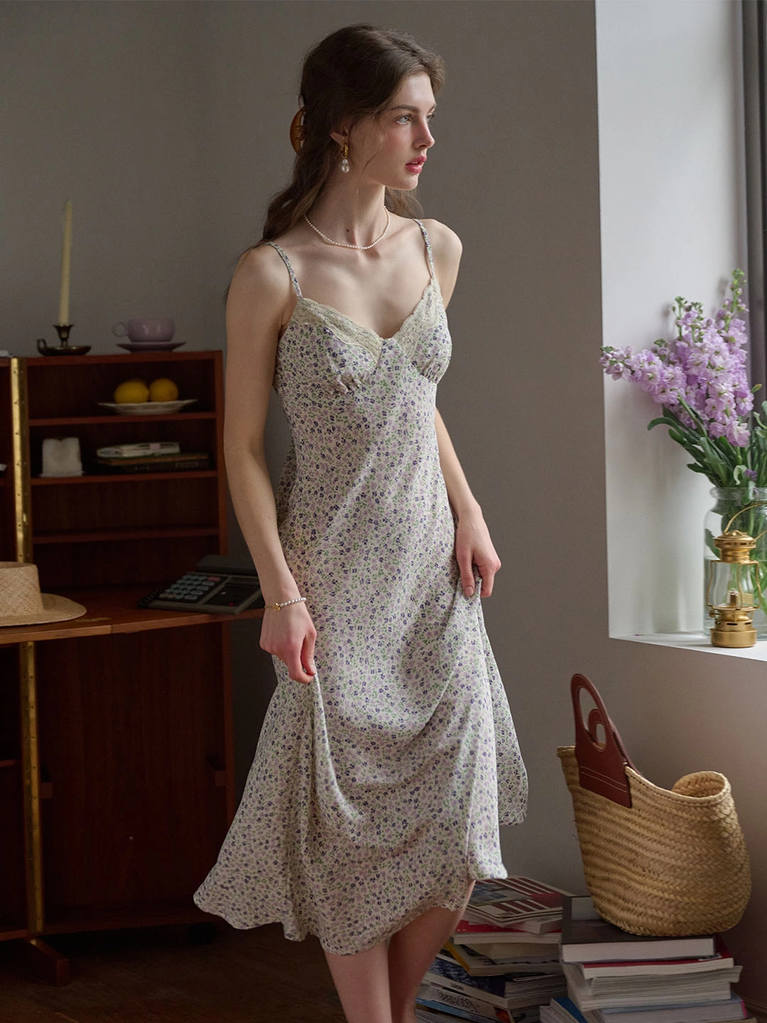 Shoot Mood Juliana Lace Patchwork V-neck Floral Suspender Dress-Apricot