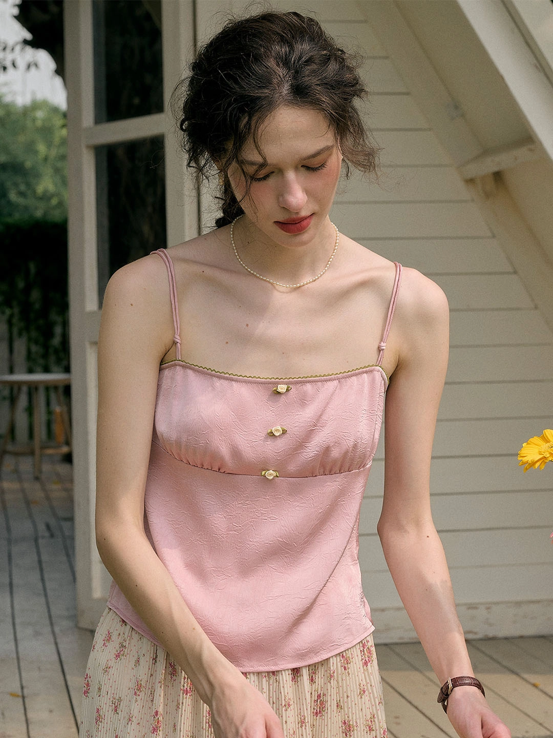 WaterRepellentCoating Kamryn Square Neck Lace Contrast Satin Camisole Top