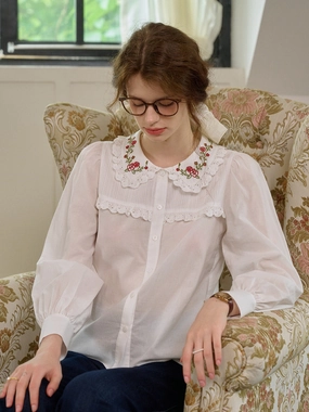LowMaintenance Kelly Contrast Floral Embroidery Doll Collar Lace Cotton Shirt