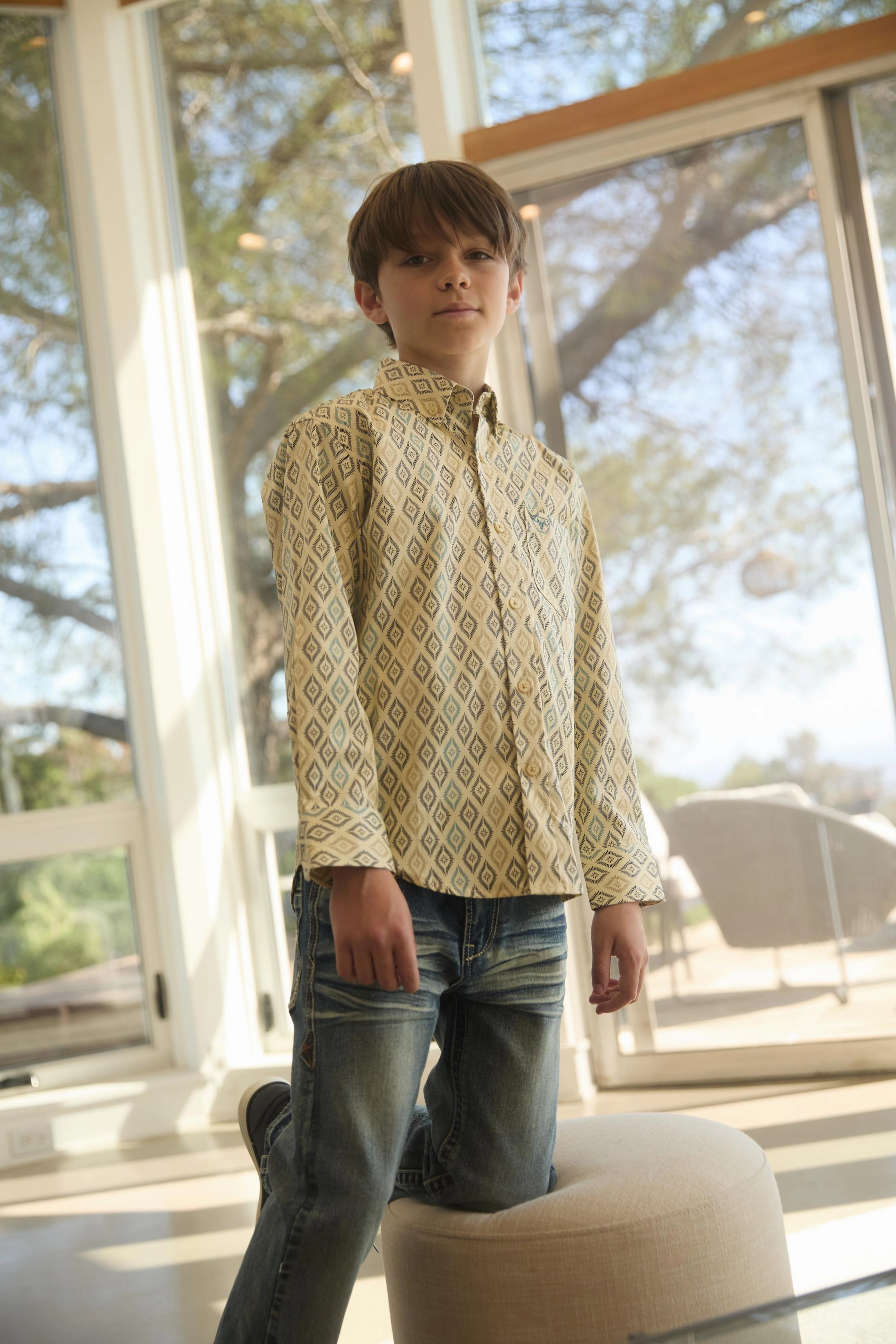 Kid's Cotton Beige Aztec Digital Print Dress Shirt family gathering