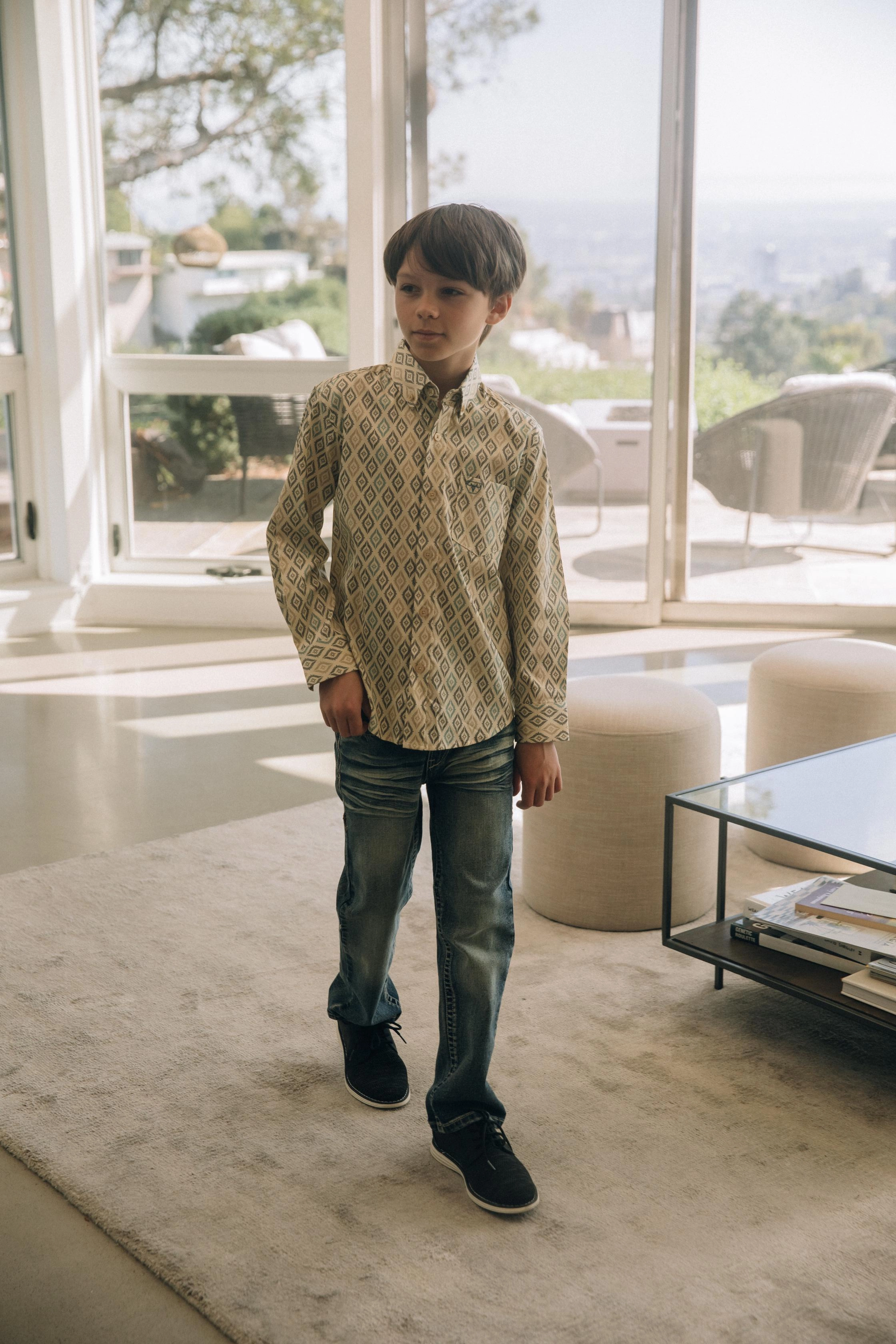 Kid's Cotton Beige Aztec Digital Print Dress Shirt Youth fashion