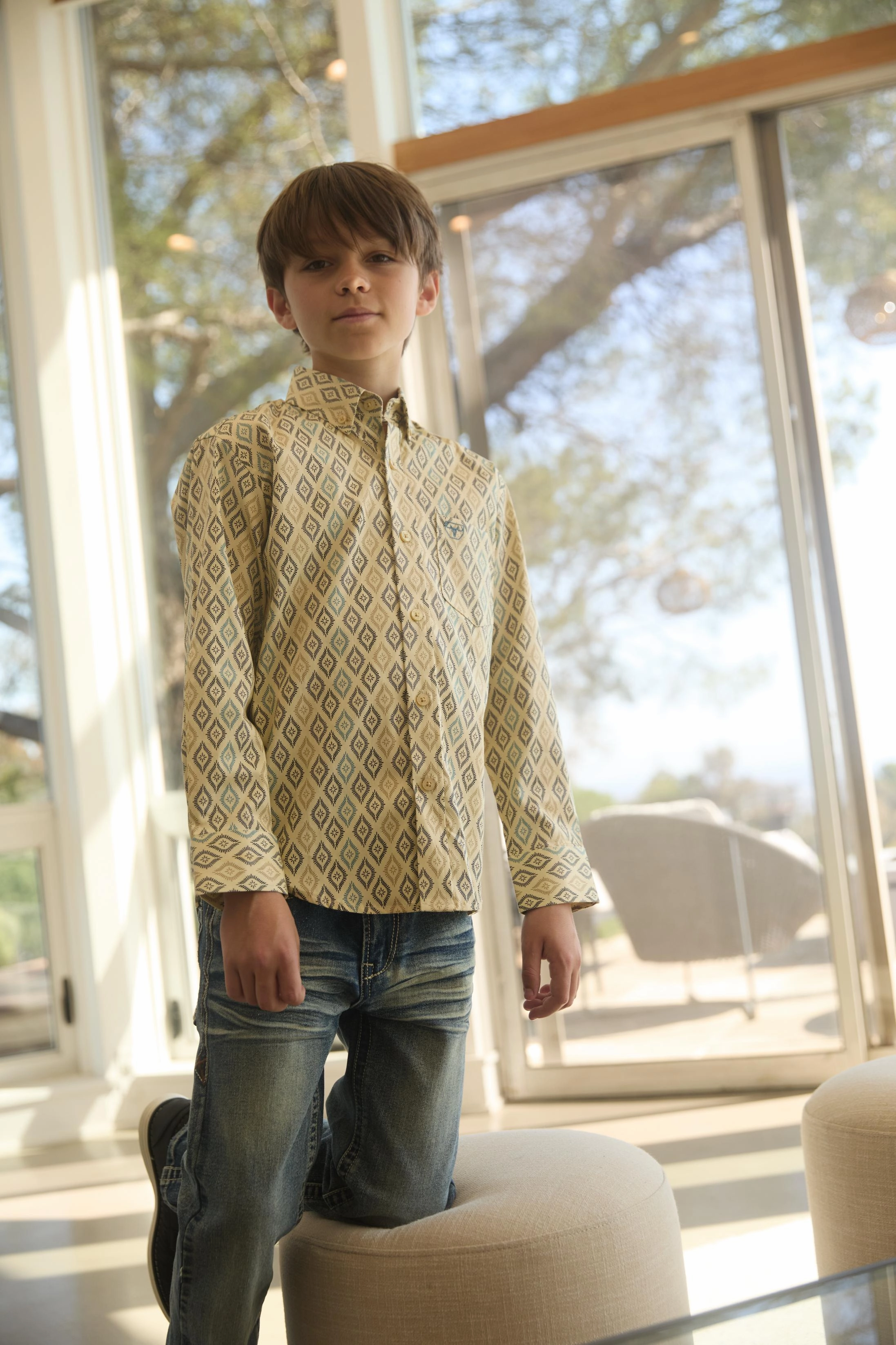 Kid's Cotton Beige Aztec Digital Print Dress Shirt Casual Friday