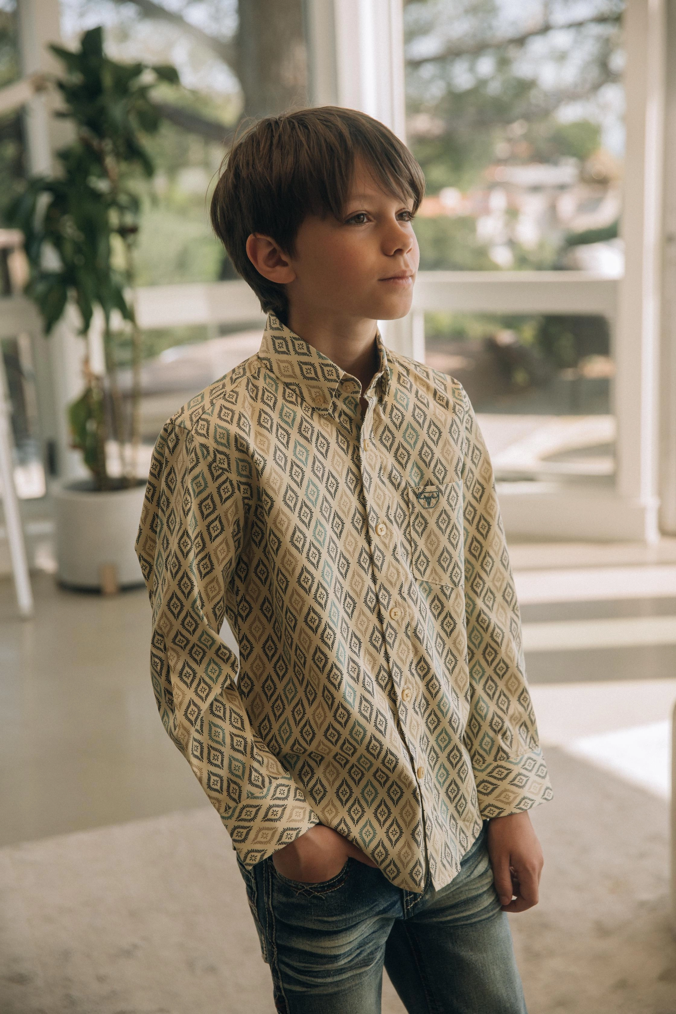 Kid's Cotton Beige Aztec Digital Print Dress Shirt V-Neck