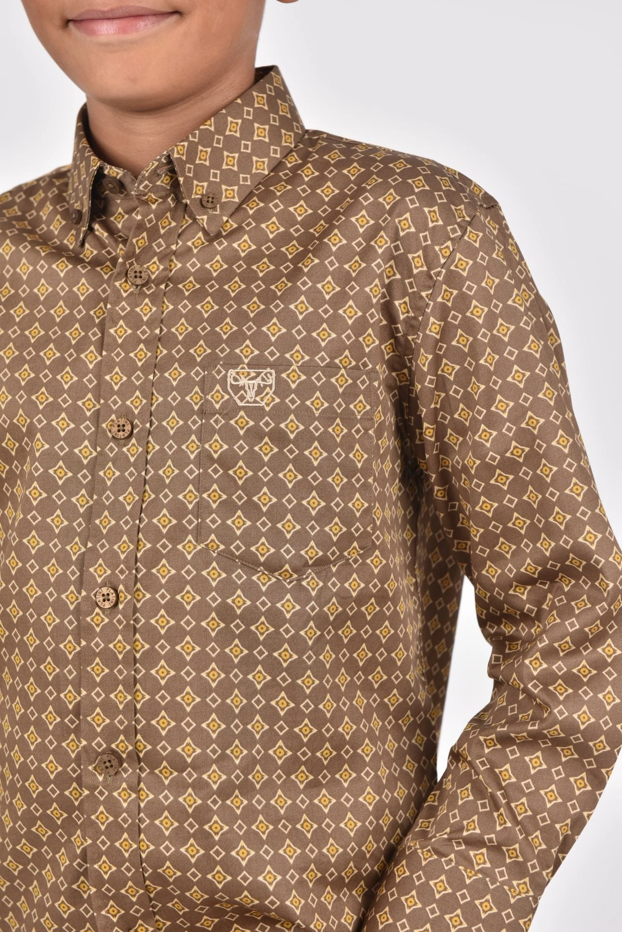 Affordable Fashion Kid's Cotton Brown Monogram Digital Print Dress Shirt