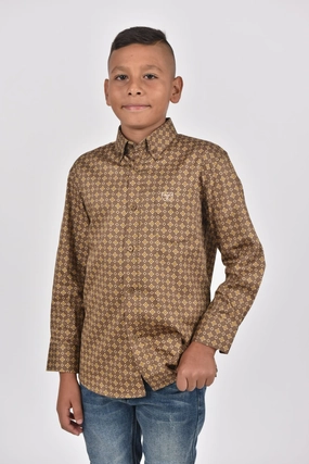Kid's Cotton Brown Monogram Digital Print Dress Shirt Non Static Finish