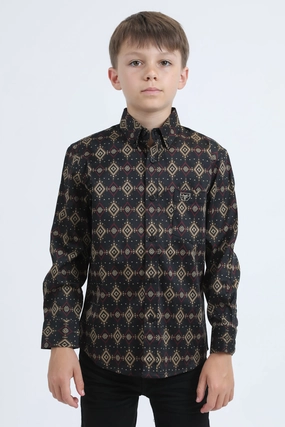 Sophisticated Look High Street Fashion Kid's Cotton Monogram Digital Print Black Dress Shirt