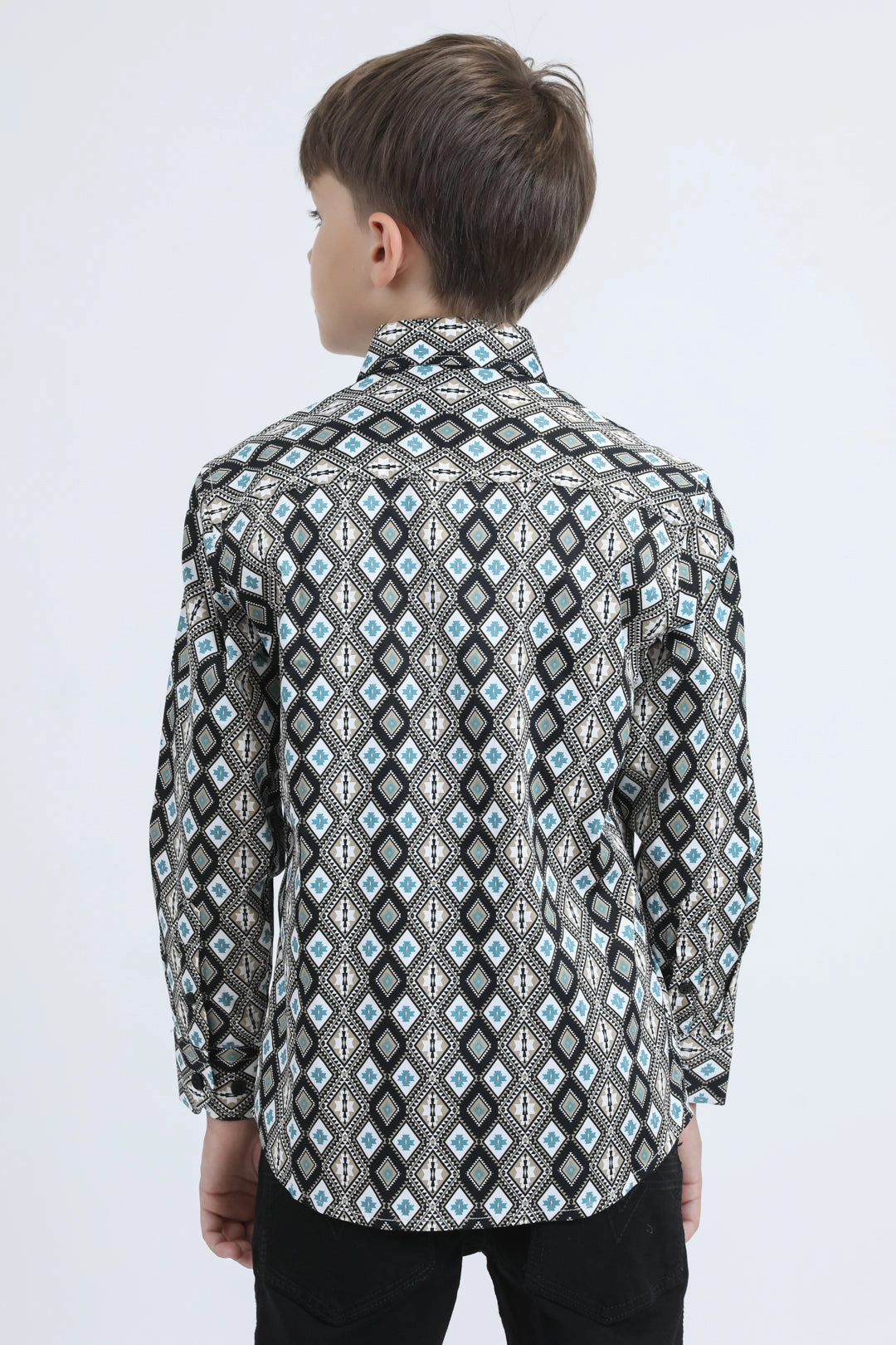 Kid's Cotton Monogram Digital Print Black Dress Shirt Chic Option Neutral Toned Stitching