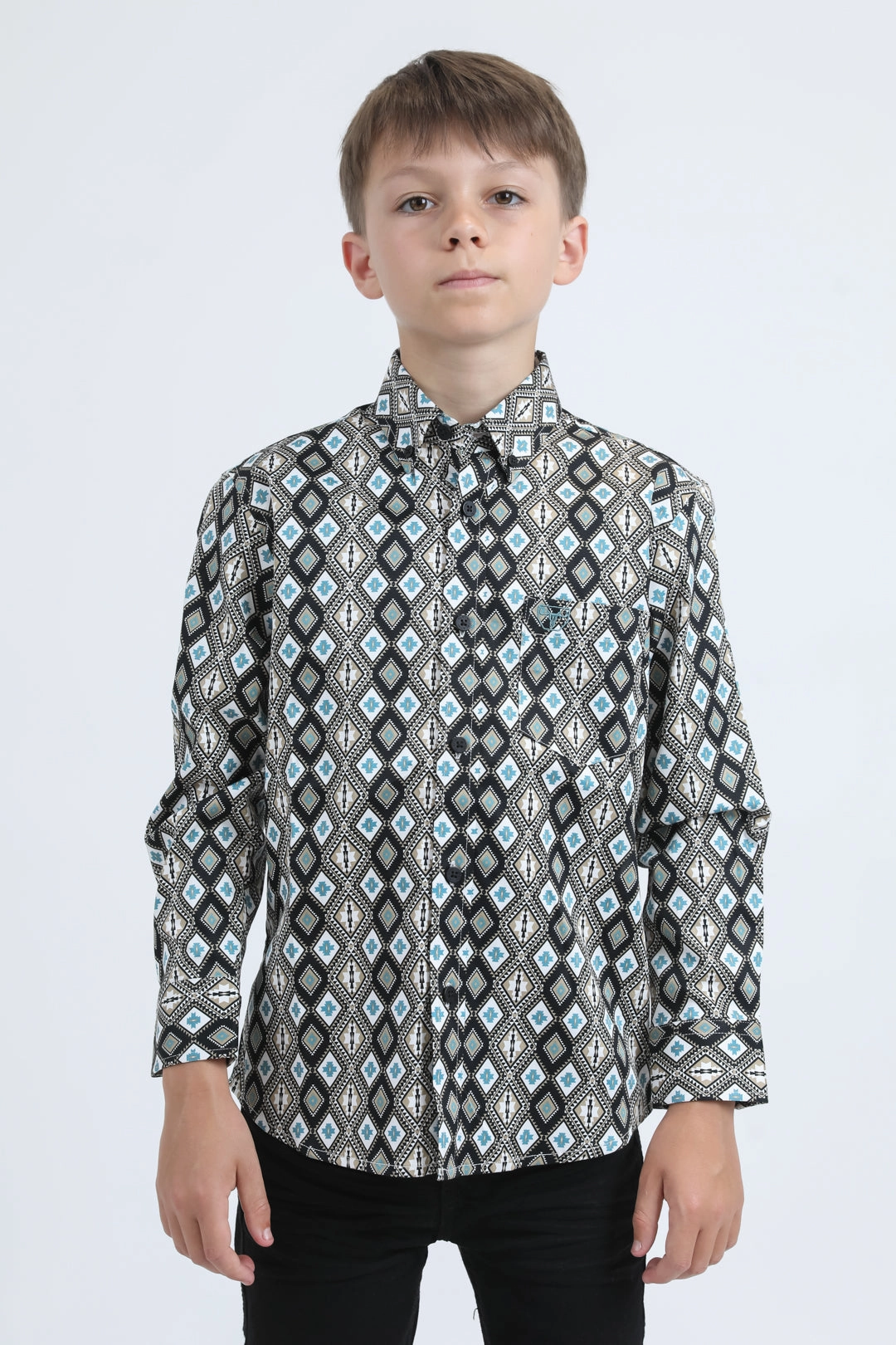 Contemporary Design slim fit Kid's Cotton Monogram Digital Print Black Dress Shirt