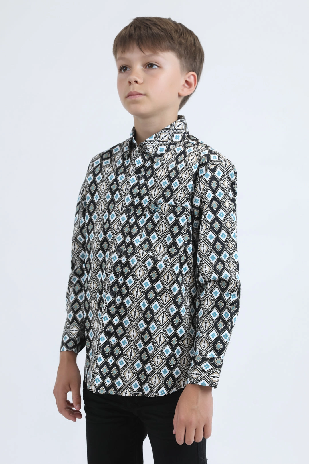 Smart Appearance Kid's Cotton Monogram Digital Print Black Dress Shirt