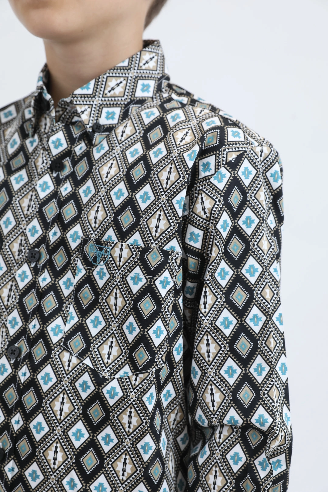 Kid's Cotton Monogram Digital Print Black Dress Shirt Boho chic