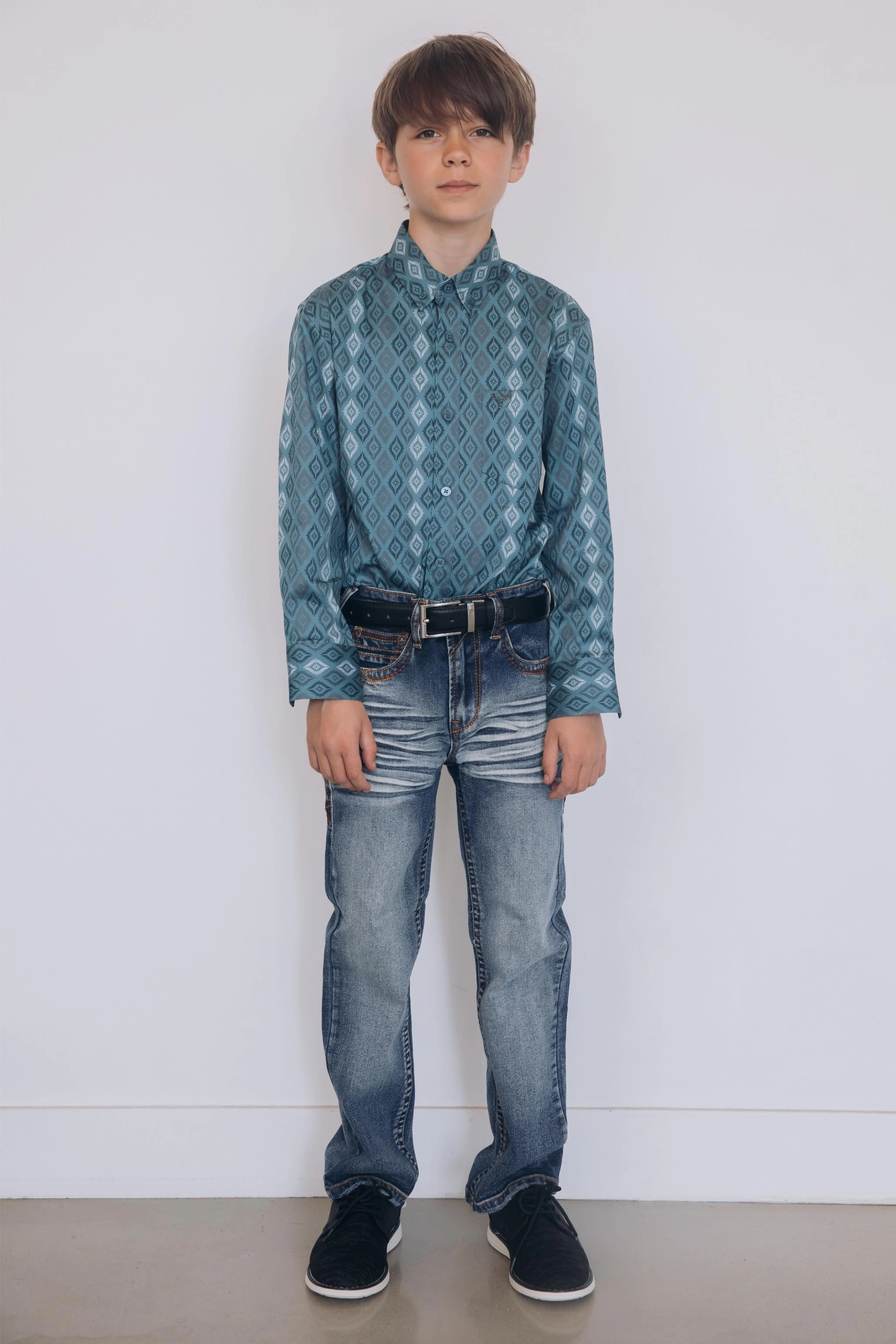 Kid's Cotton Turquoise Aztec Digital Print Dress Shirt Non Restrictive Fit