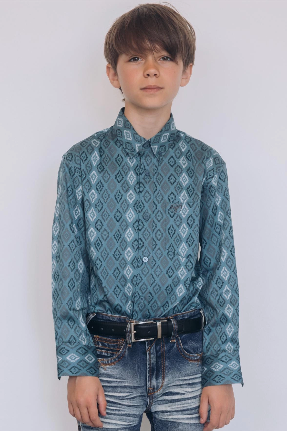 Kid's Cotton Turquoise Aztec Digital Print Dress Shirt Anniversary Celebration