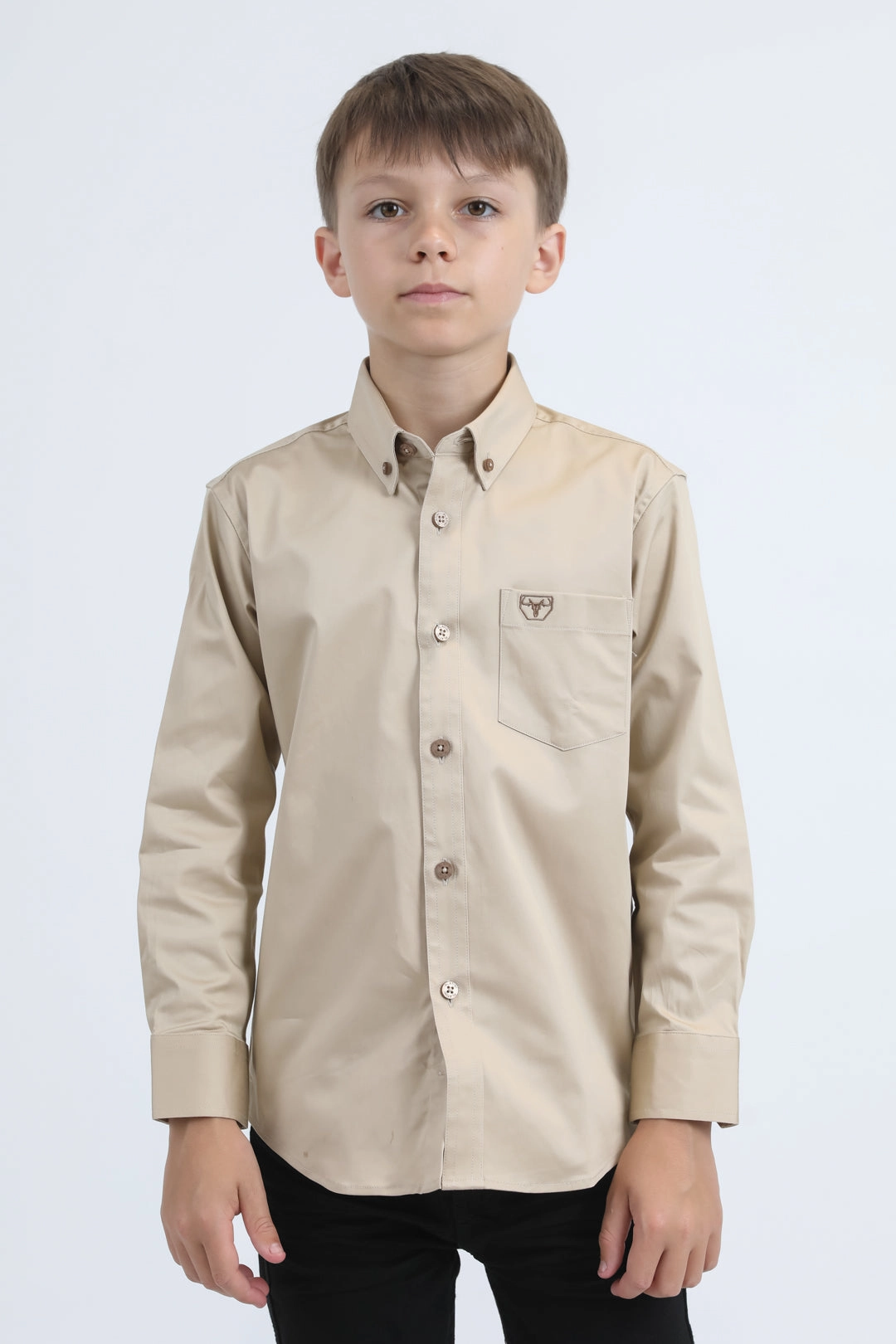 Kid??s Single Pocket Logo Modern Fit Stretch Beige Dress Shirt Year-Round Favorite