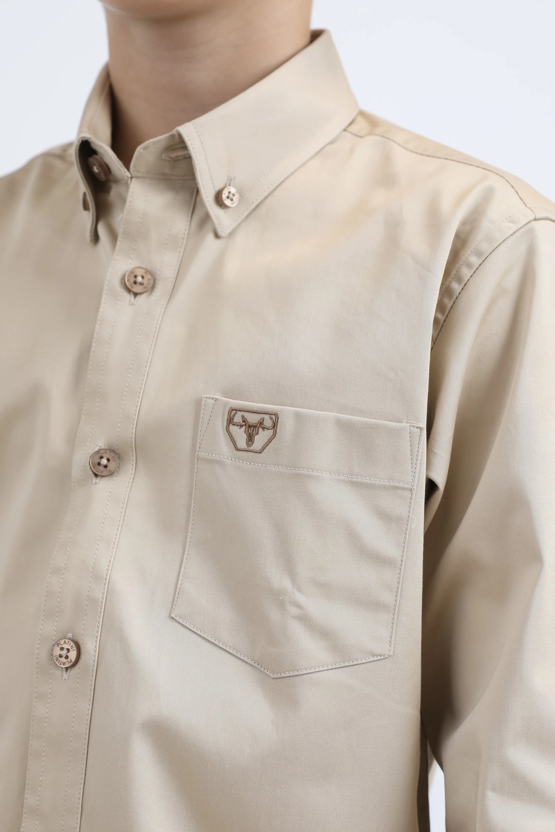 Graphic Art Kid??s Single Pocket Logo Modern Fit Stretch Beige Dress Shirt