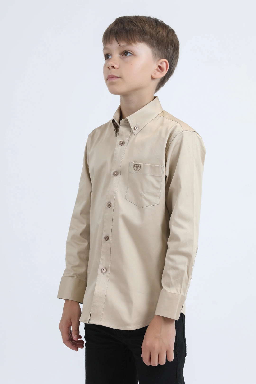 Country Charm Kid??s Single Pocket Logo Modern Fit Stretch Beige Dress Shirt