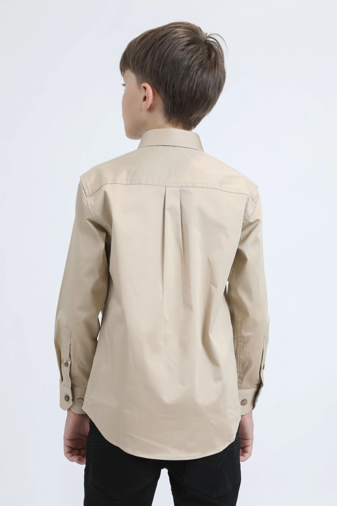 Kid??s Single Pocket Logo Modern Fit Stretch Beige Dress Shirt color block Tailored Cuffs