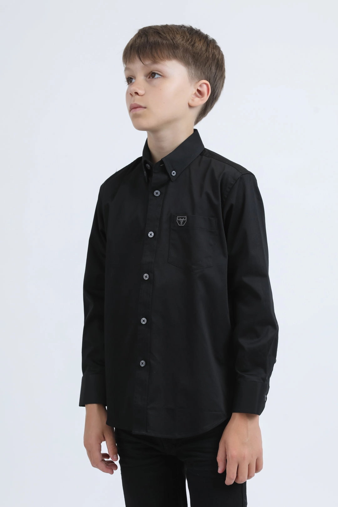 Kid??s Single Pocket Logo Modern Fit Stretch Black Dress Shirt Versatile Styling